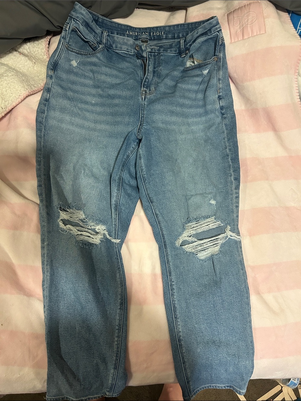 American Eagle Light Wash Distressed Curvy High Rise Mom Jeans
